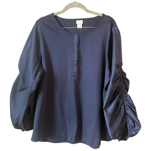 Chico’s Navy Blue Ruched 3/4 Sleeve Mixed Knit Top Size XL NWT - Picture 1 of 7